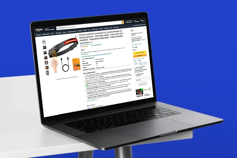 Page de vente Amazon de la lampe frontale rouge de Dealeez sur un ordinateur portable