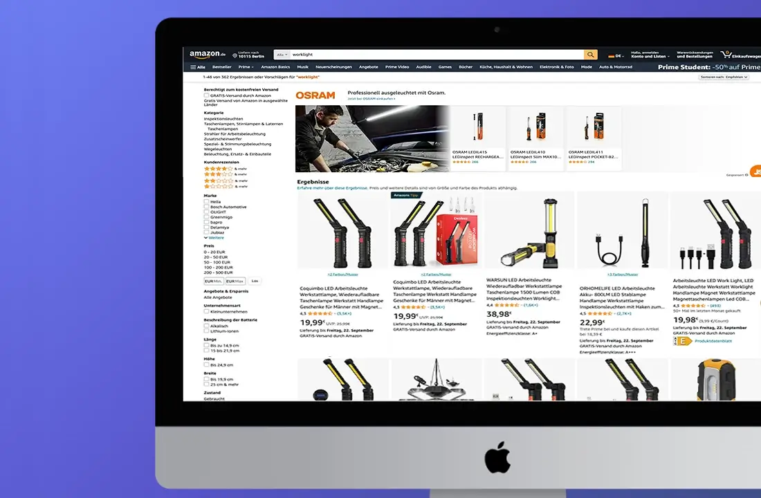 Page de recherche Amazon présentant des lampes de travail sur un écran d'ordinateur
