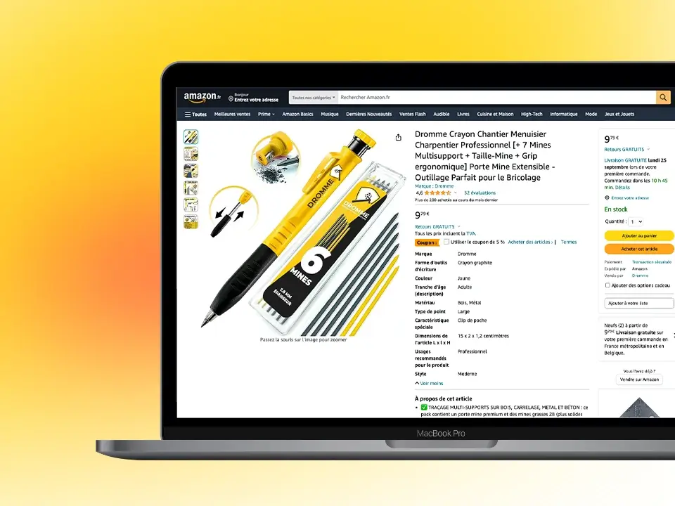 Page de vente Amazon de produits Dromme sur un ordinateur portable