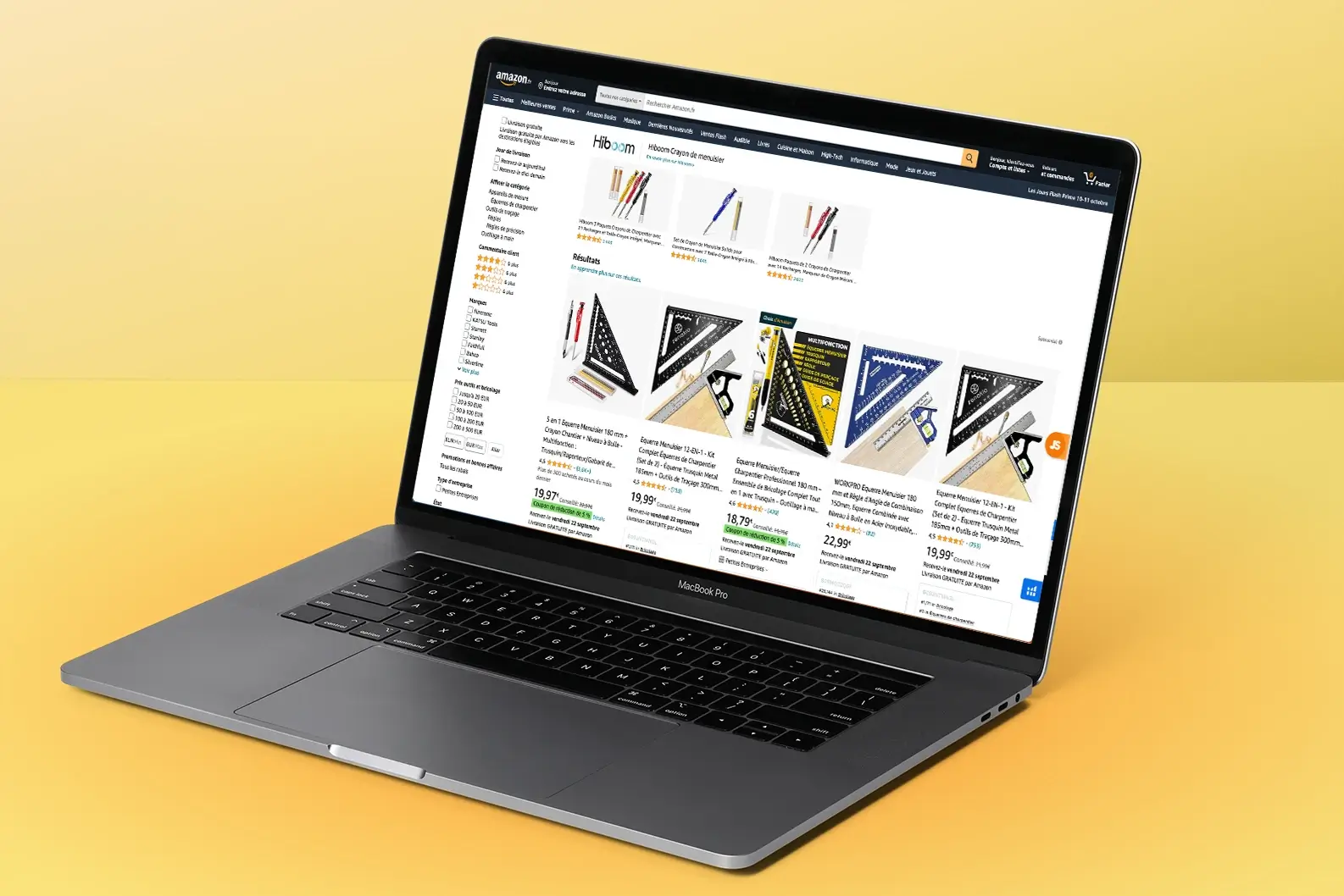 Page de recherche Amazon présentant des équerres sur un écran d'ordinateur