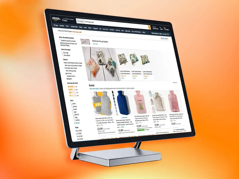 Page de recherche Amazon présentant des bouillotes sur un écran d'ordinateur