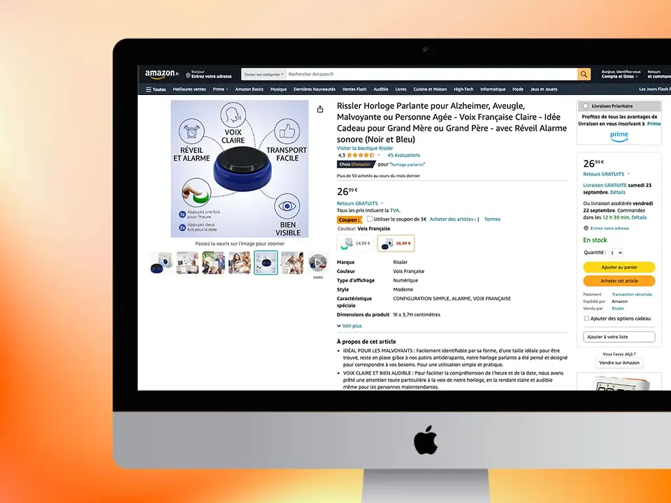 Page de vente Amazon de l'horloge parlante de Rissler sur un écran d'ordinateur