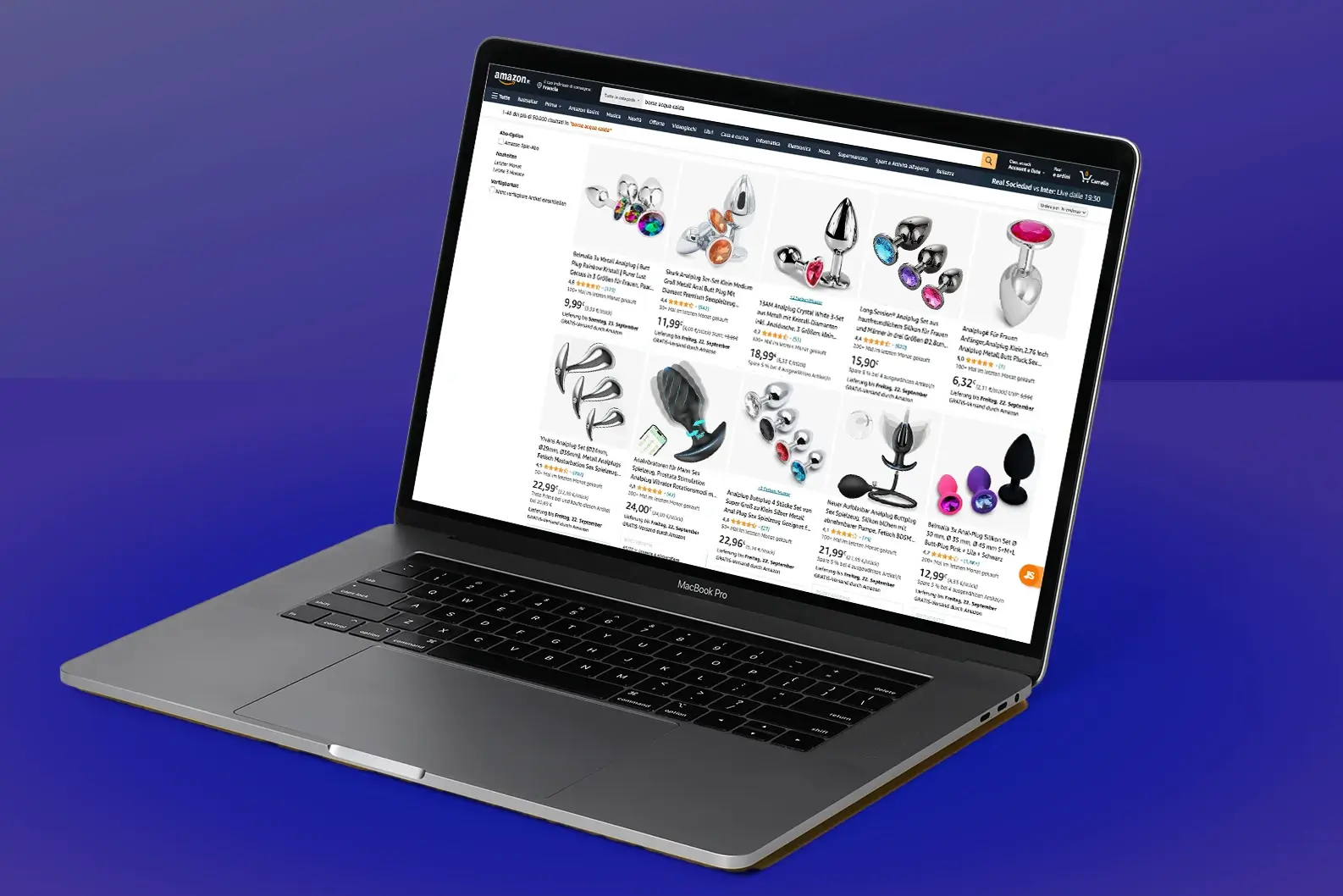 Page de recherche Amazon présentant des plugs anaux sur un ordinateur portable