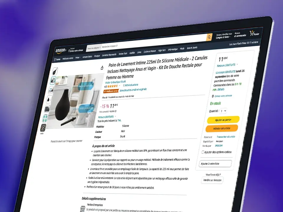 Page de vente Amazon de la poire à lavement de Skurk sur un écran d'ordinateur