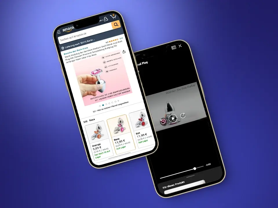 Page de vente Amazon du plug anal de Skurk sur deux téléphones portables